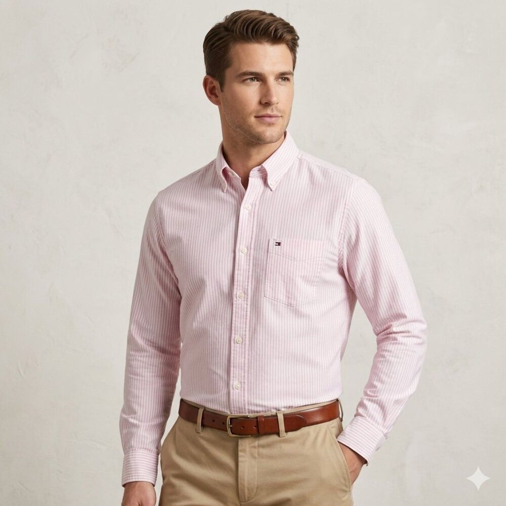 Tommy Hilfiger Academy Poplin Button Down Shirt Mens Large Preppy Pinstripe 90s